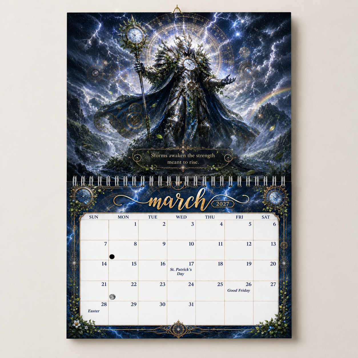 Guardians of Time 2027 wall calendar displayed on an office wall above a desk with a notebook, pen, and laptop