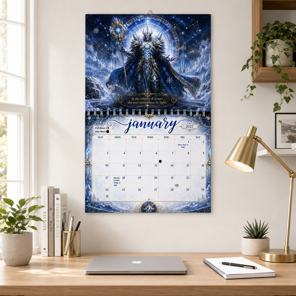 Guardians of Time 2027 wall calendar displayed on an office wall above a desk with a laptop, plants, and a gold desk lamp