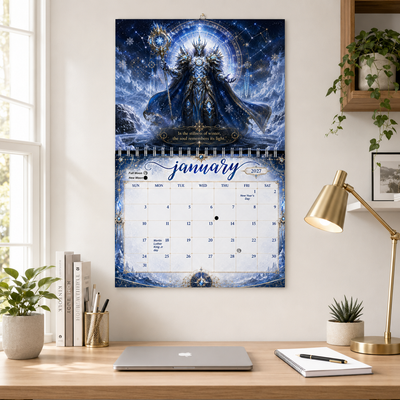 Guardians of Time 2027 wall calendar displayed on an office wall above a desk with a laptop, plants, and a gold desk lamp