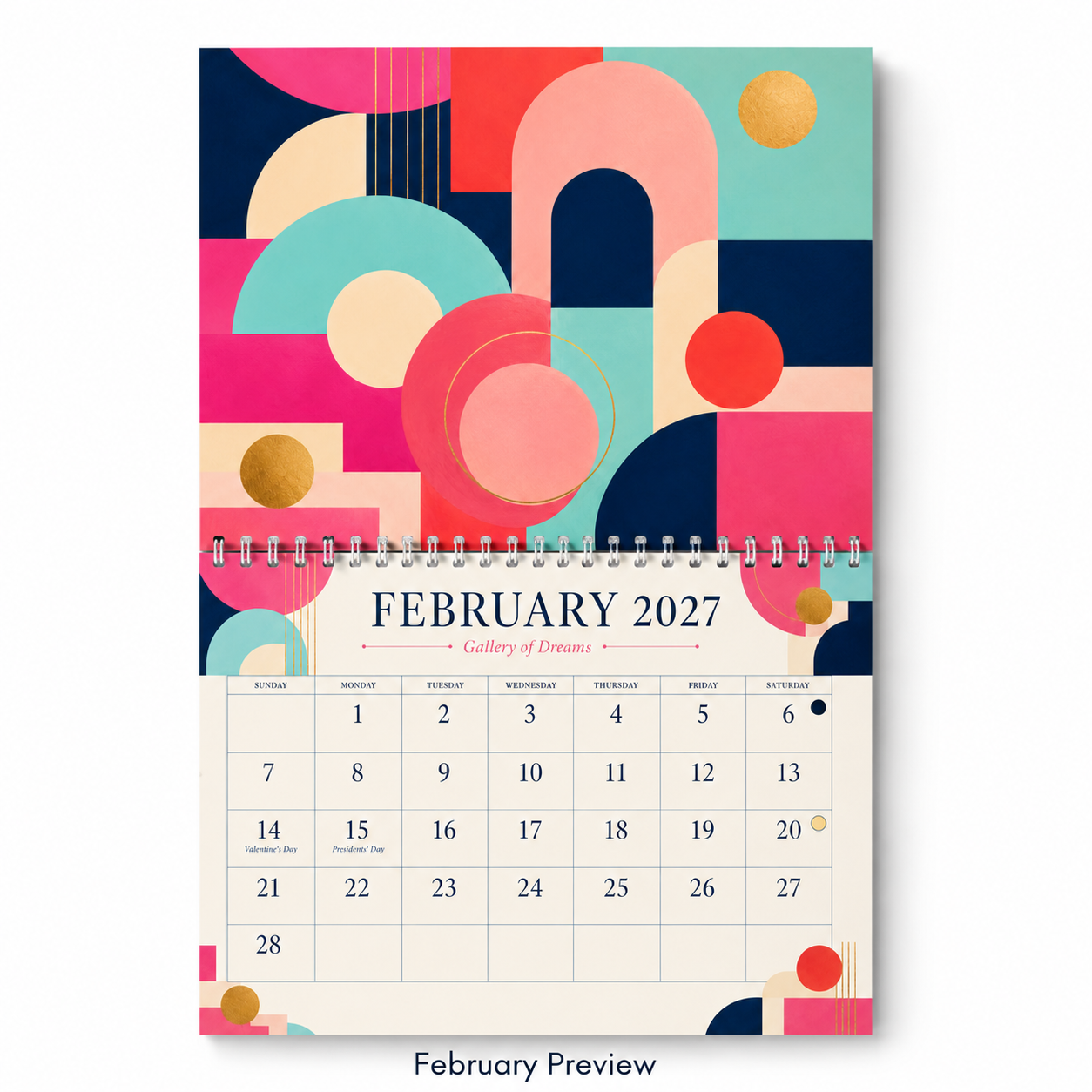 Gallery of Dreams Abstract Art Wall Calendar 2027 calendar grid close-up — large date boxes, Sunday start layout, 2027 wall calendar by Jays Calendars