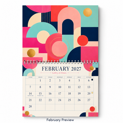Gallery of Dreams Abstract Art Wall Calendar 2027 calendar grid close-up — large date boxes, Sunday start layout, 2027 wall calendar by Jays Calendars