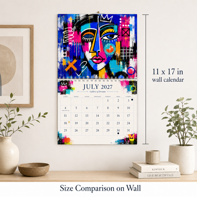Gallery of Dreams Abstract Art Wall Calendar 2027 size comparison on wall — 11x17 inches, 2027 spiral-bound wall calendar by Jays Calendars