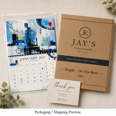 Gallery of Dreams Abstract Art Wall Calendar 2027 packaging — 2027 wall calendar ships flat in rigid mailer with Fragile Do Not Bend label and thank-you card, by Jays Calendars