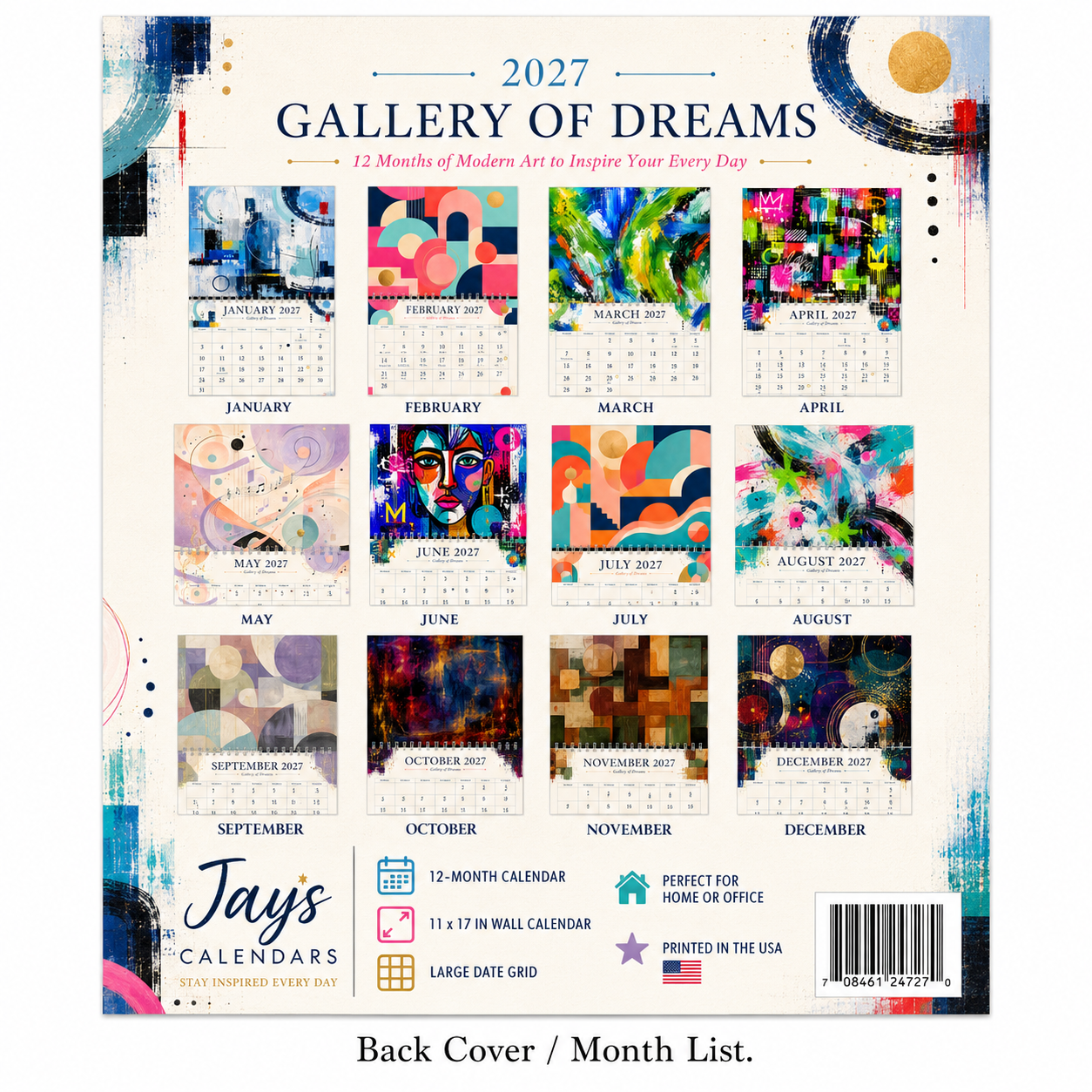 Gallery of Dreams Abstract Art Wall Calendar 2027 back cover showing all 12 months — 2027 themed wall calendar by Jays Calendars