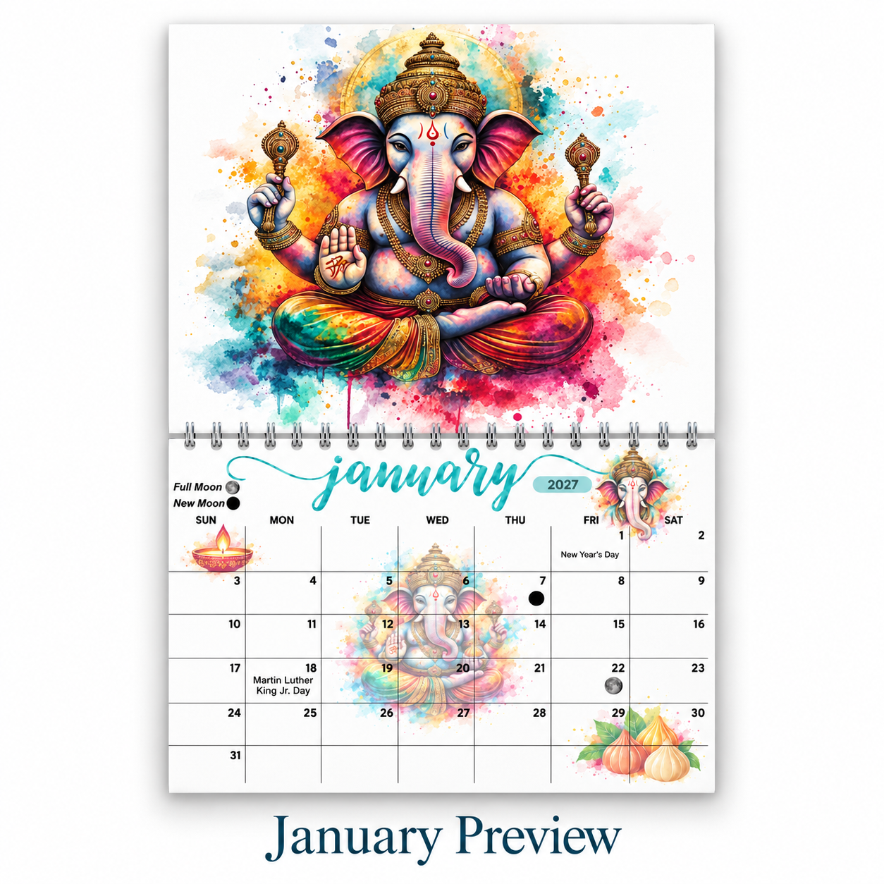 Ganesha calendar 2027 January page — rainbow watercolor Ganesha with New Year's Day and moon phase markers on the monthly grid