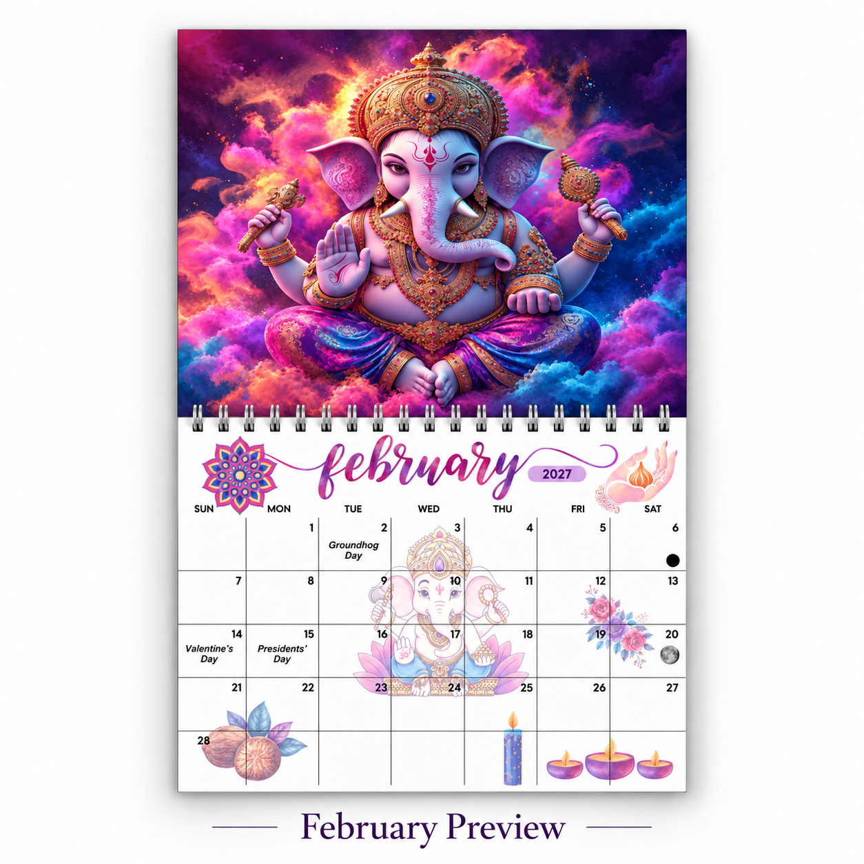 Ganesha calendar 2027 February page — cosmic magenta and purple nebula Ganesha with Valentine's Day and Presidents' Day marked