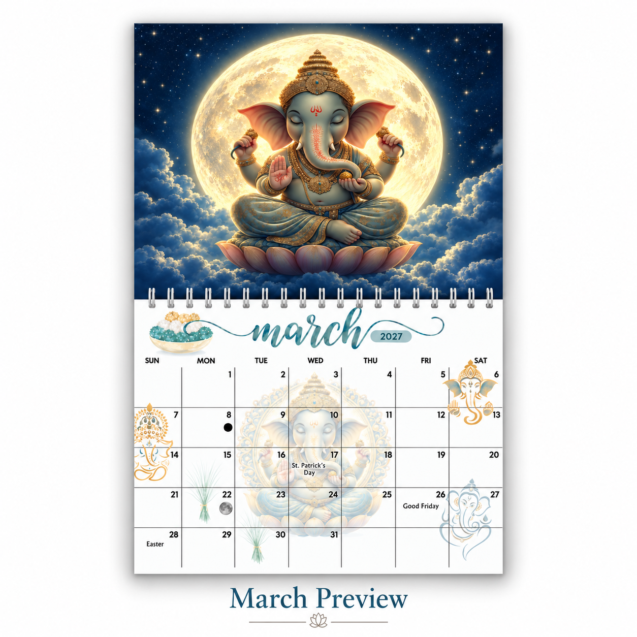 Ganesha calendar 2027 March page — golden full moon Ganesha seated on a lotus with St. Patrick's Day and Easter marked