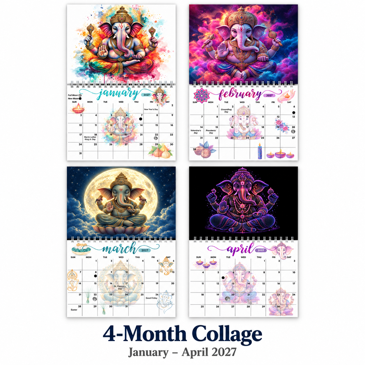Ganesha calendar 2027 January through April collage showing rainbow, cosmic, moonlit, and neon-violet Ganesha artwork