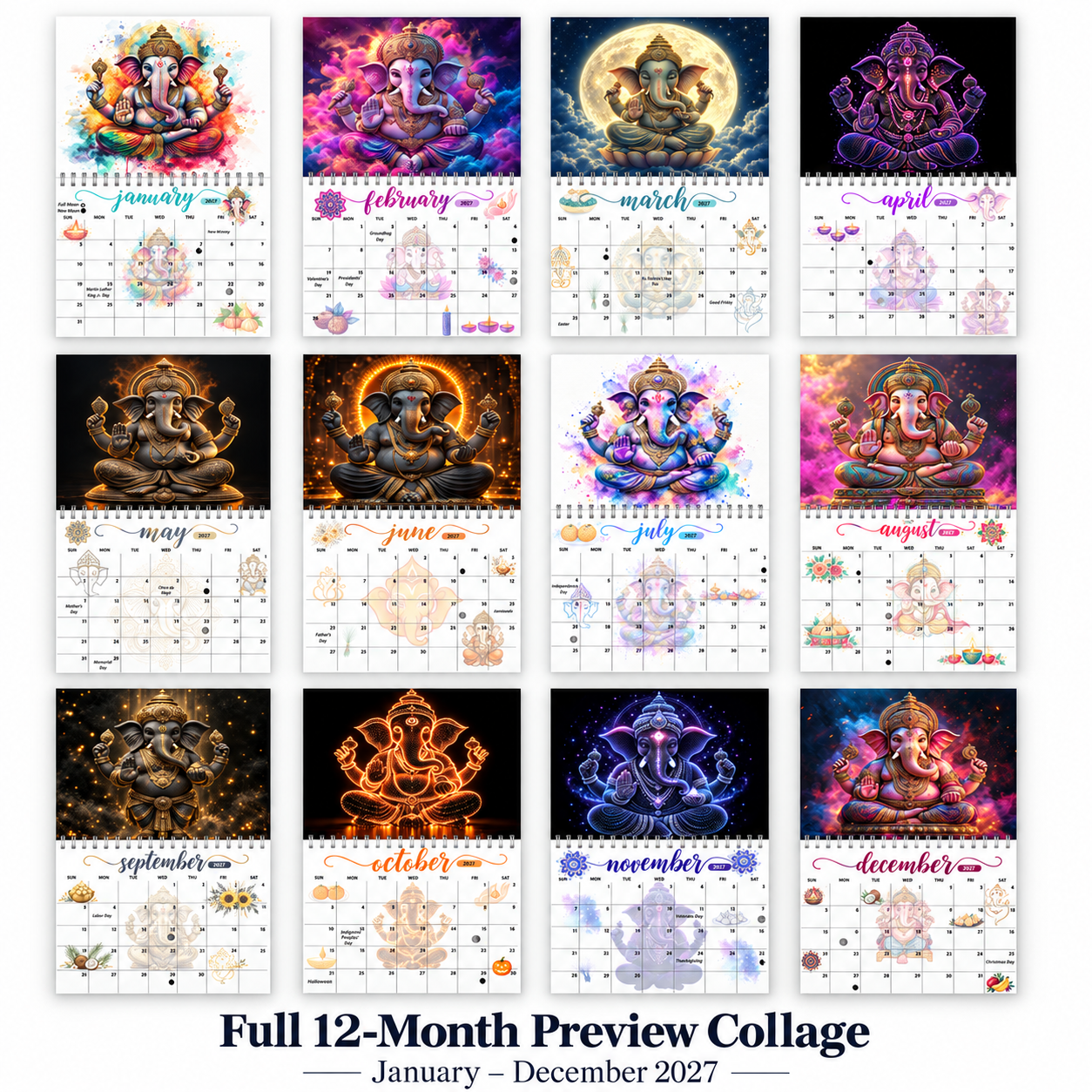 Ganesha 2027 full 12-month wall calendar preview collage showing every monthly Ganesha artwork style from January to December