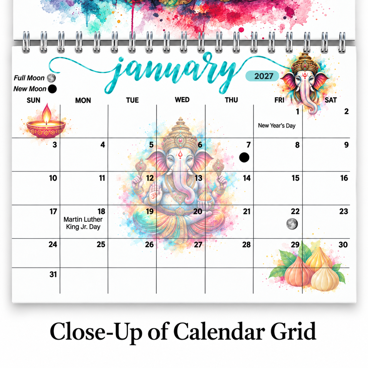 Close-up of the Ganesha 2027 wall calendar January grid showing full moon and new moon markers and U.S. holidays