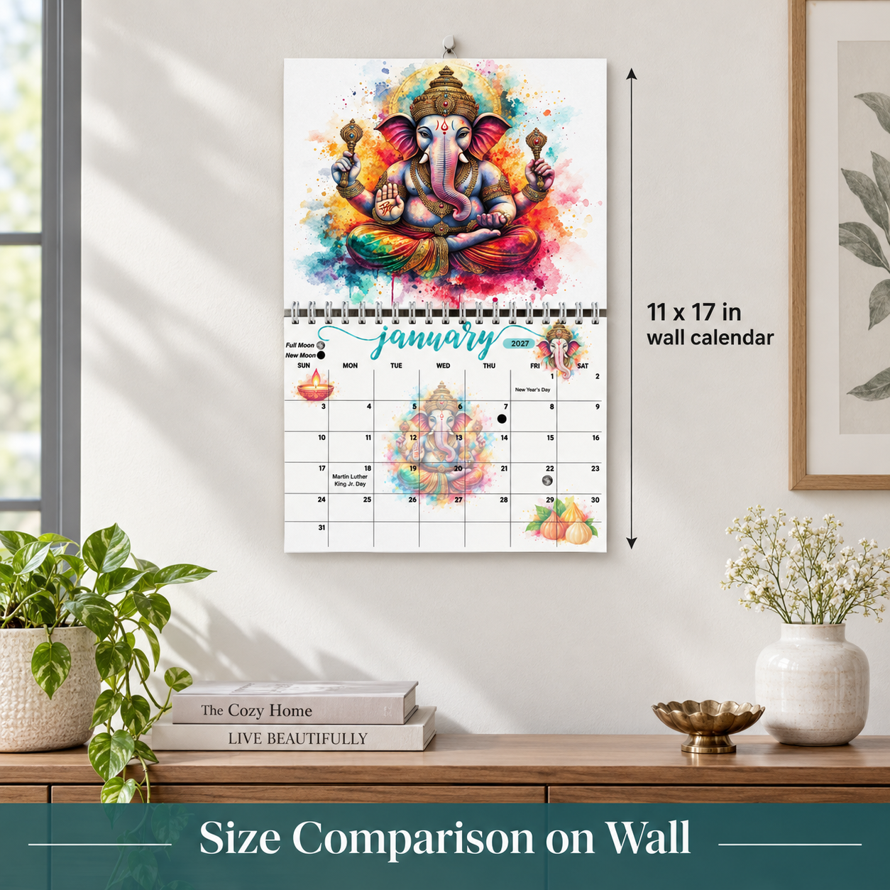 Ganesha 2027 wall calendar hanging above a bedroom nightstand as spiritual home decor