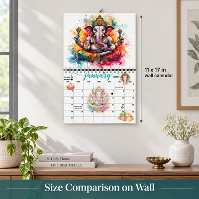 Ganesha 2027 wall calendar hanging above a bedroom nightstand as spiritual home decor