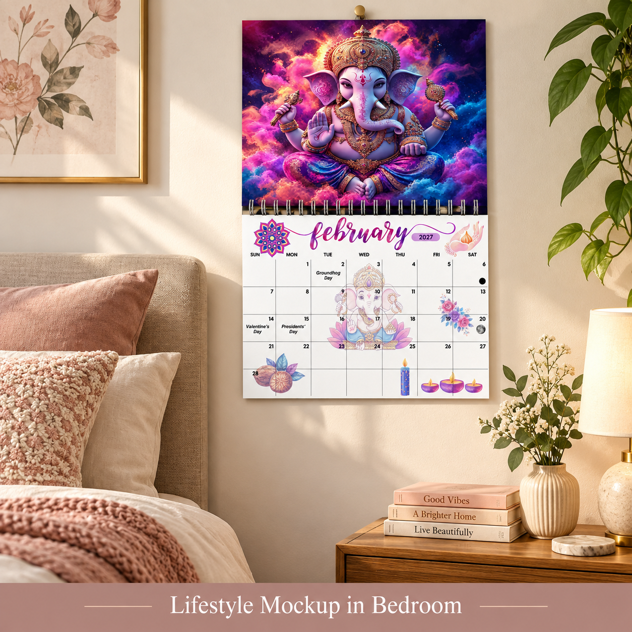 Ganesha 2027 wall calendar hanging above an office desk as spiritual wall art