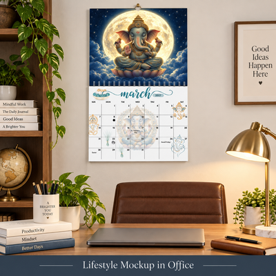 Ganesha 2027 wall calendar hung on a wall showing its 11x17 inch spiral-bound size