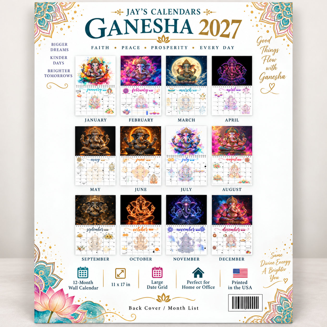 Ganesha 2027 wall calendar packaged in protective sleeve with Jay's Calendars branded box and thank-you card