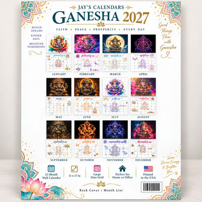 Ganesha 2027 wall calendar packaged in protective sleeve with Jay's Calendars branded box and thank-you card