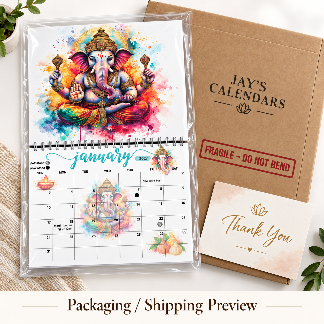 Back cover of the Jay's Calendars Ganesha 2027 wall calendar showing all 12 monthly Ganesha artwork thumbnails, 11x17 inch, printed in the USA