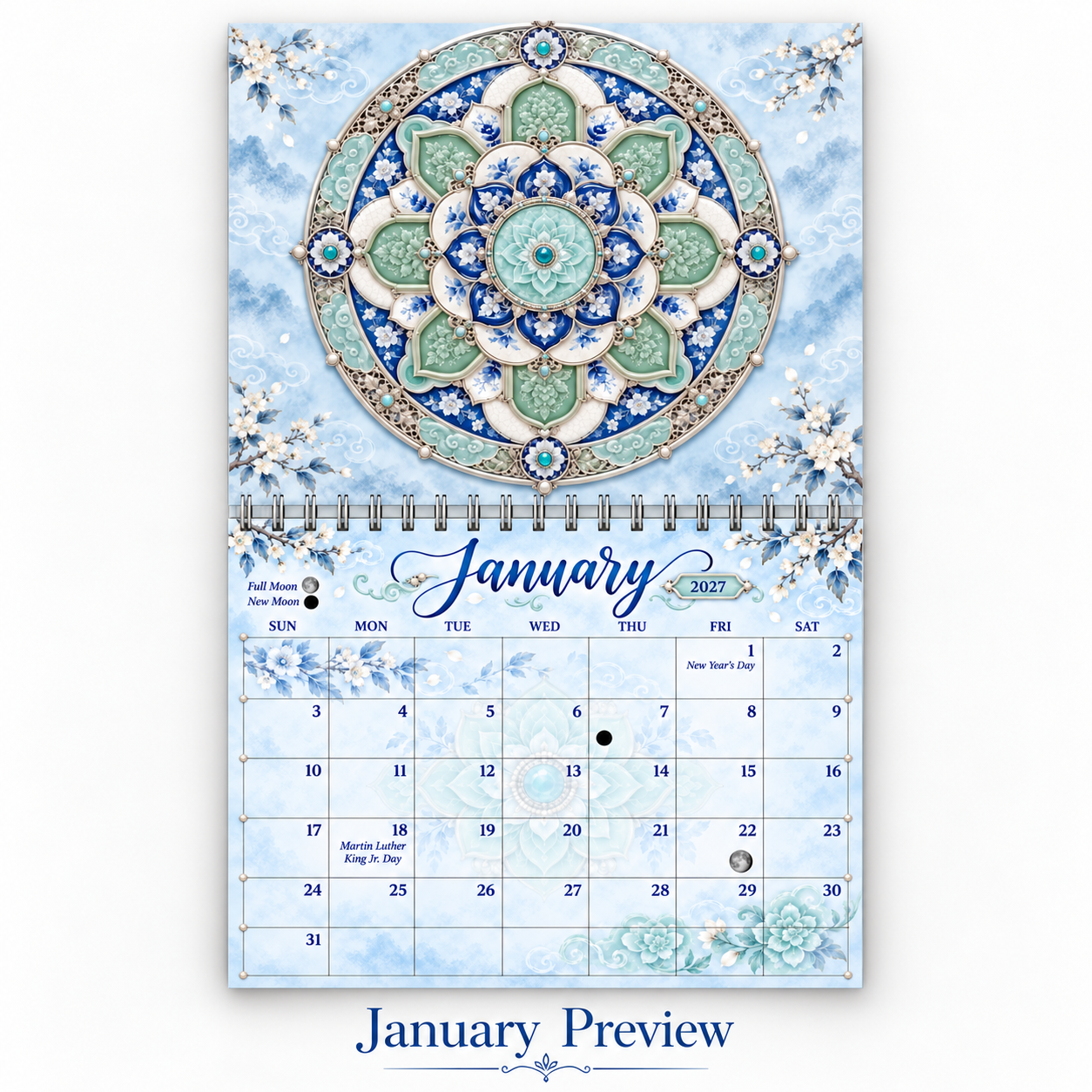 Mandala calendar 2027 January page — soft blue and jade jeweled floral mandala with winter cherry blossoms and moon phase markers