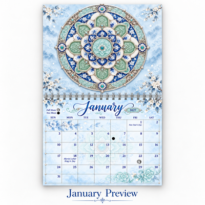 Mandala calendar 2027 January page — soft blue and jade jeweled floral mandala with winter cherry blossoms and moon phase markers