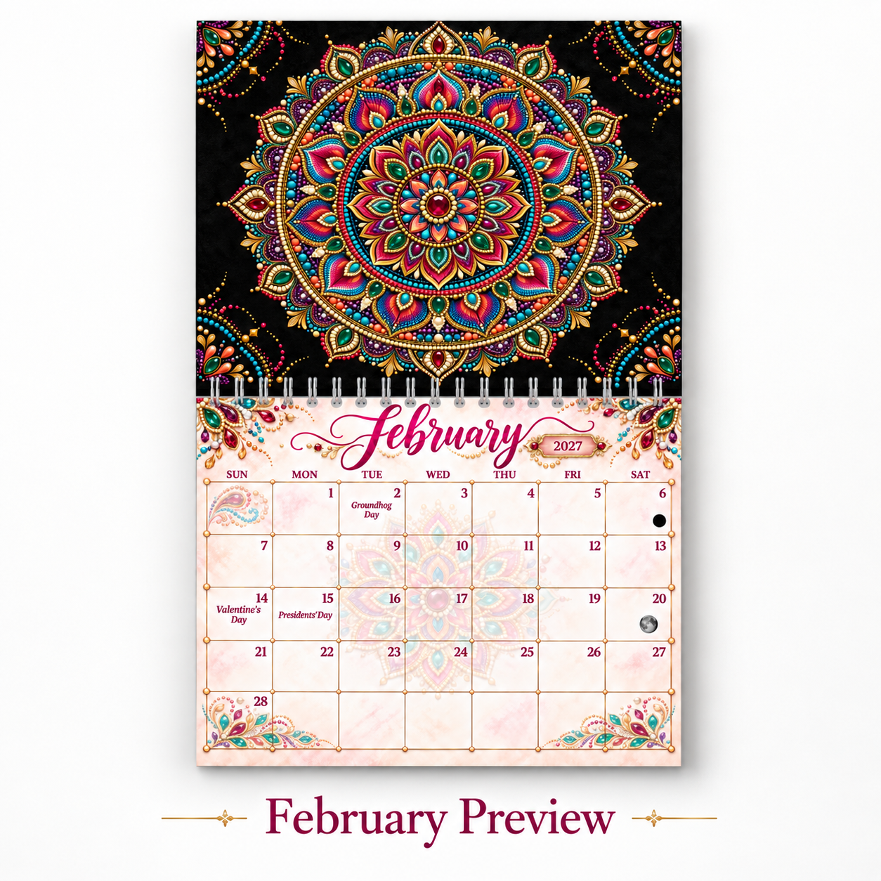 Mandala calendar 2027 February page — vivid jewel-tone bohemian mandala in red, purple, teal, and gold on black with Valentine's Day and Presidents' Day marked