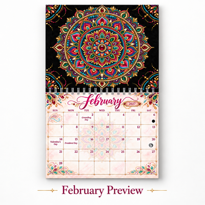 Mandala calendar 2027 February page — vivid jewel-tone bohemian mandala in red, purple, teal, and gold on black with Valentine's Day and Presidents' Day marked