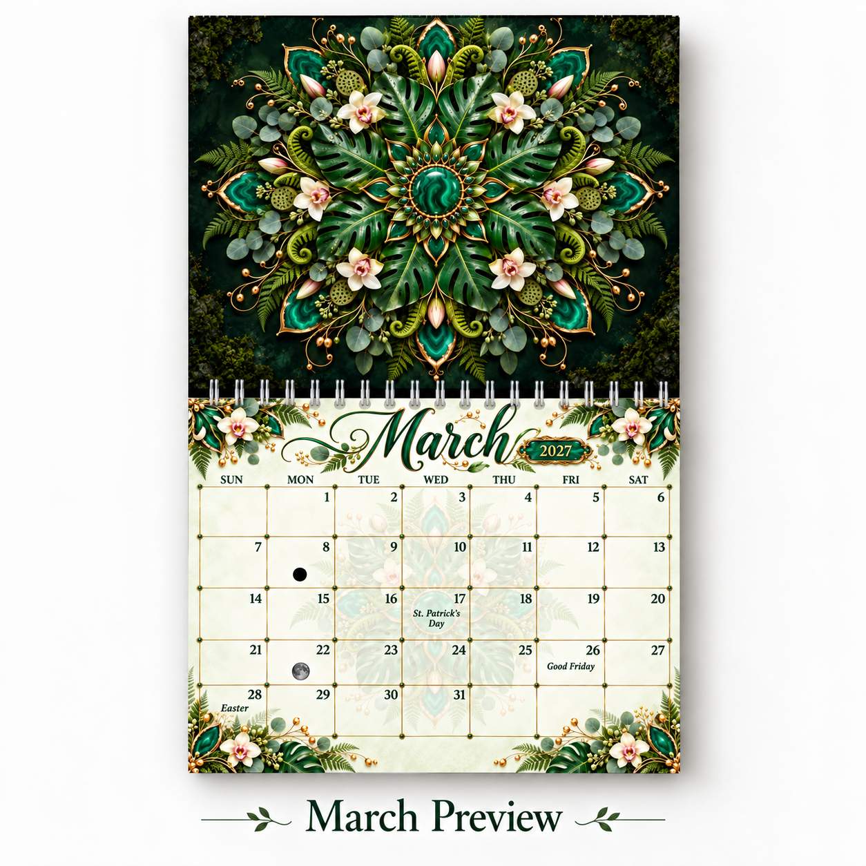 Mandala calendar 2027 March page — emerald botanical mandala with tropical leaves and orchids, St. Patrick's Day and Easter marked