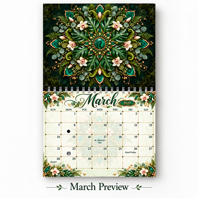 Mandala calendar 2027 March page — emerald botanical mandala with tropical leaves and orchids, St. Patrick's Day and Easter marked