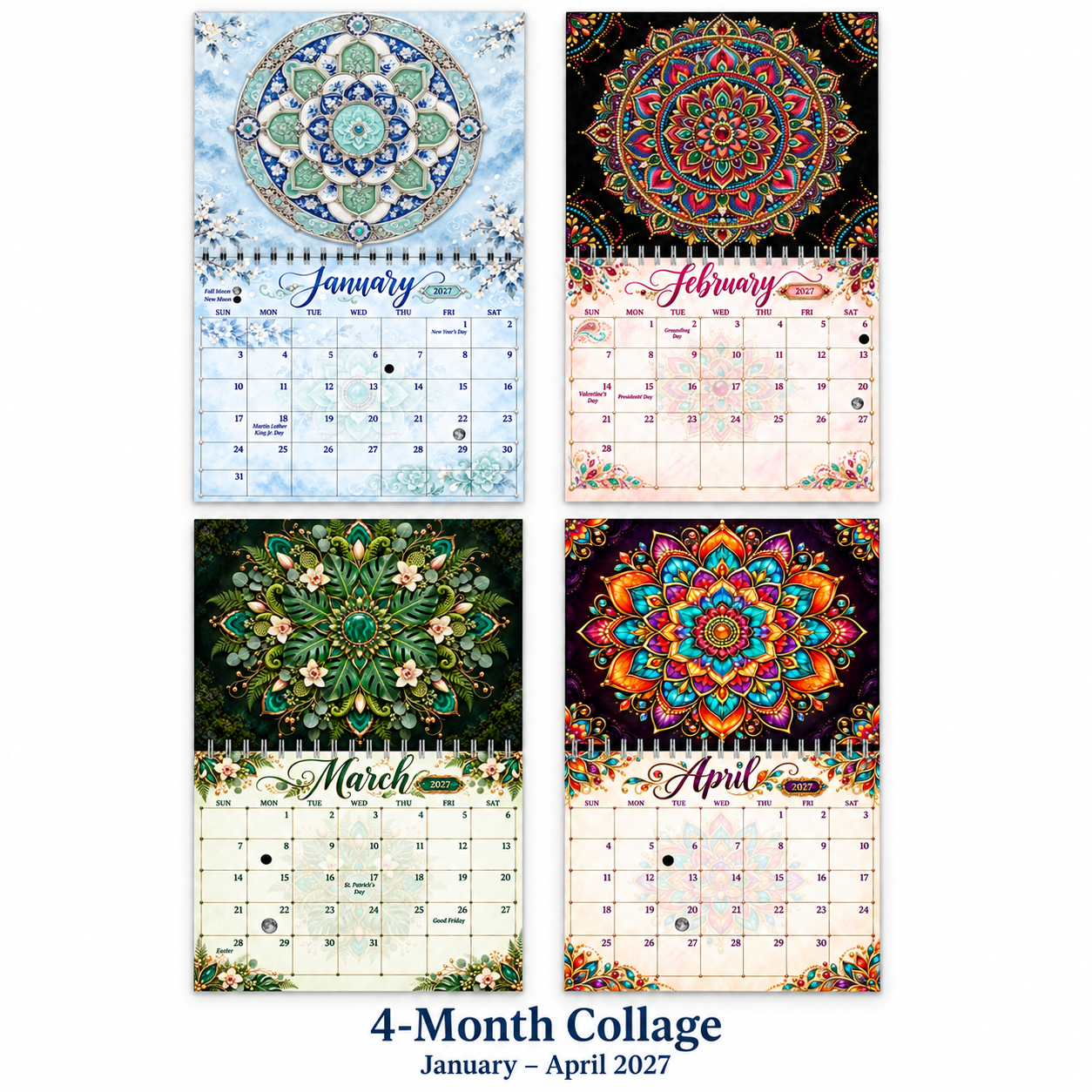 Mandala calendar 2027 January through April collage showing blue, bohemian, botanical, and violet gem mandala artwork