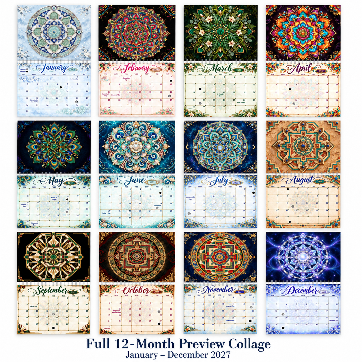 Mandala Majesty 2027 full 12-month wall calendar preview collage showing every monthly mandala design from January to December