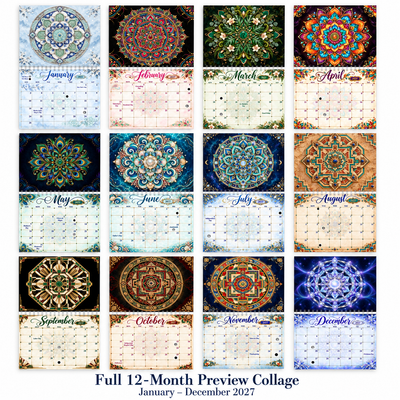 Mandala Majesty 2027 full 12-month wall calendar preview collage showing every monthly mandala design from January to December