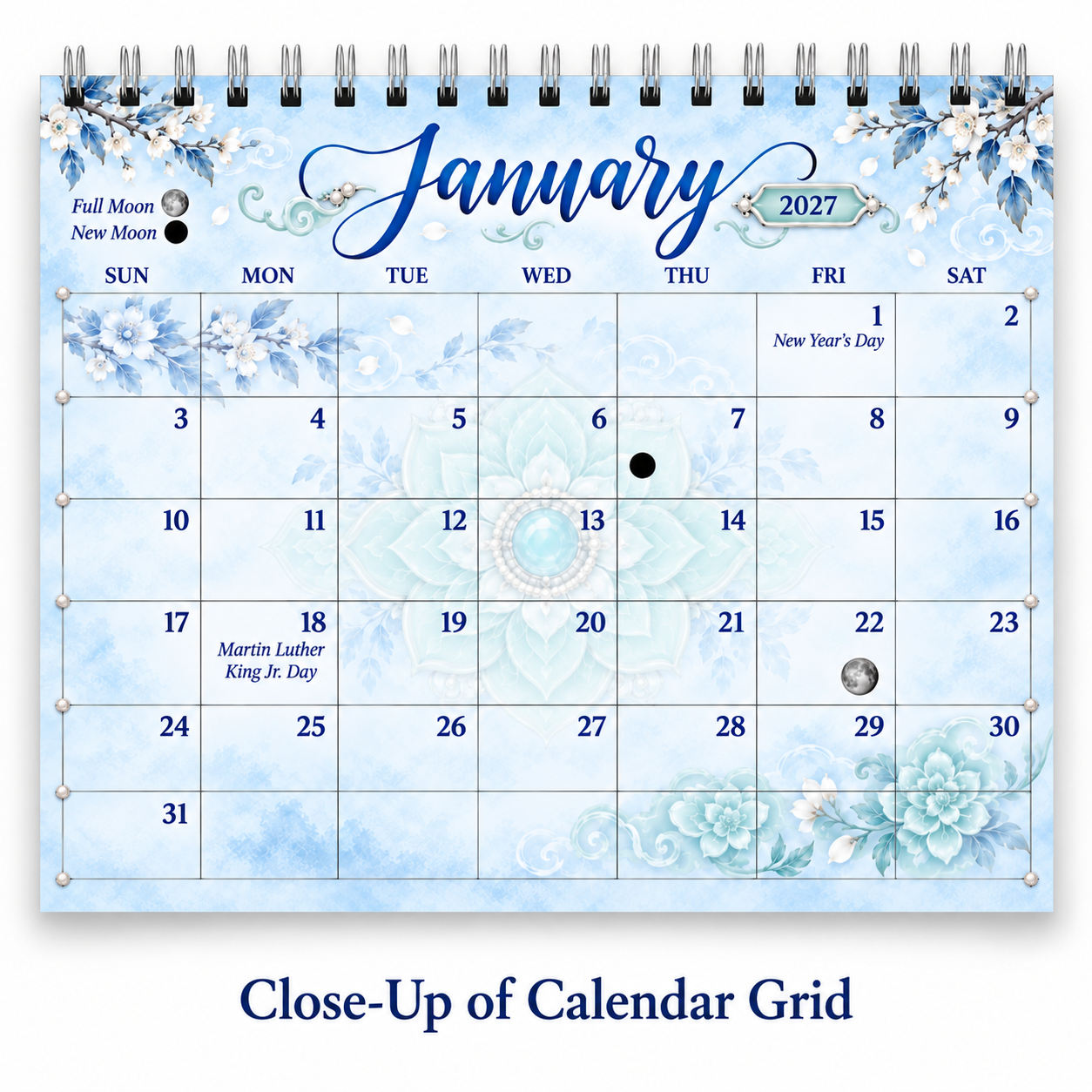Close-up of the Mandala Majesty 2027 wall calendar January grid showing full moon and new moon markers and U.S. holidays