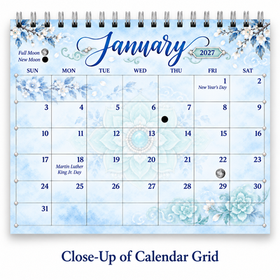 Close-up of the Mandala Majesty 2027 wall calendar January grid showing full moon and new moon markers and U.S. holidays