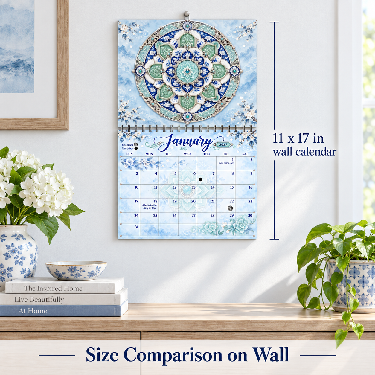 Mandala Majesty 2027 wall calendar hanging above a bedroom nightstand as spiritual home decor