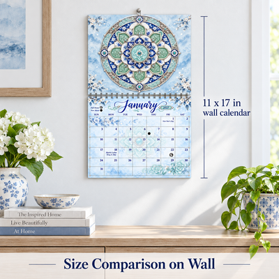 Mandala Majesty 2027 wall calendar hanging above a bedroom nightstand as spiritual home decor