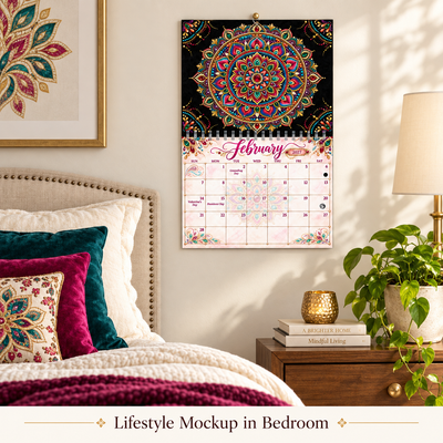 Mandala Majesty 2027 wall calendar hung on a wall showing its 11x17 inch spiral-bound size