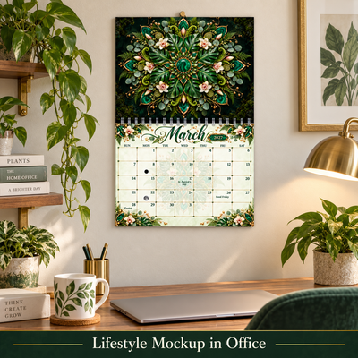 Mandala Majesty 2027 wall calendar hanging above an office desk as calming wall art