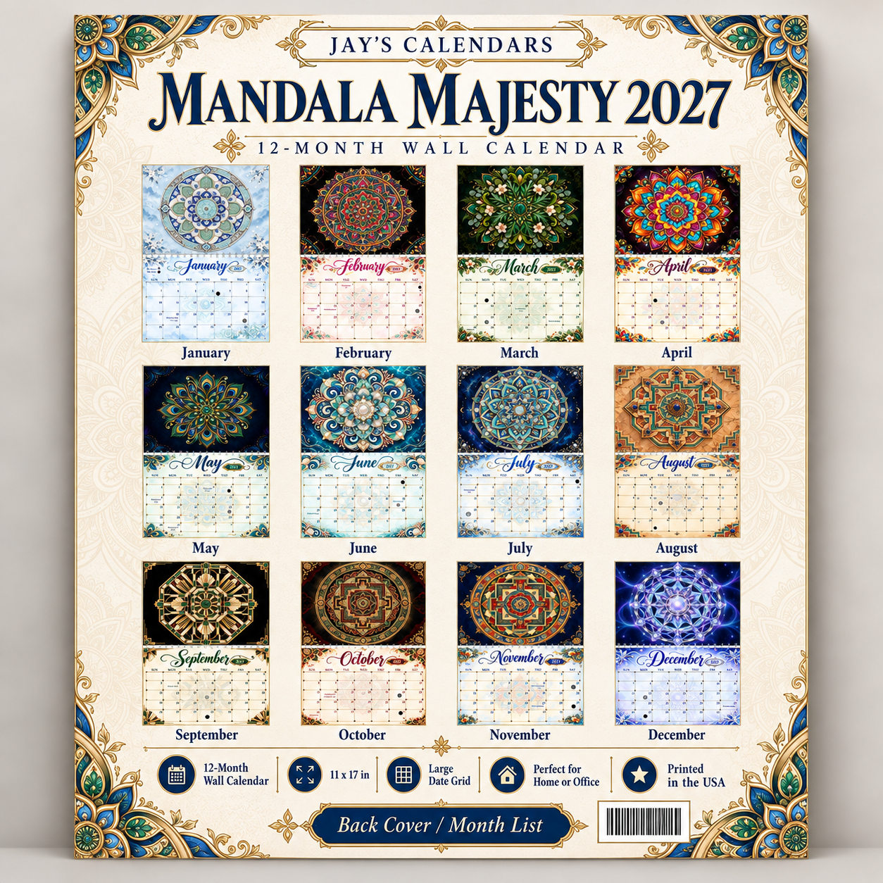 Back cover of the Jay's Calendars Mandala Majesty 2027 wall calendar showing all 12 monthly mandala designs, 11x17 inch, printed in the USA
