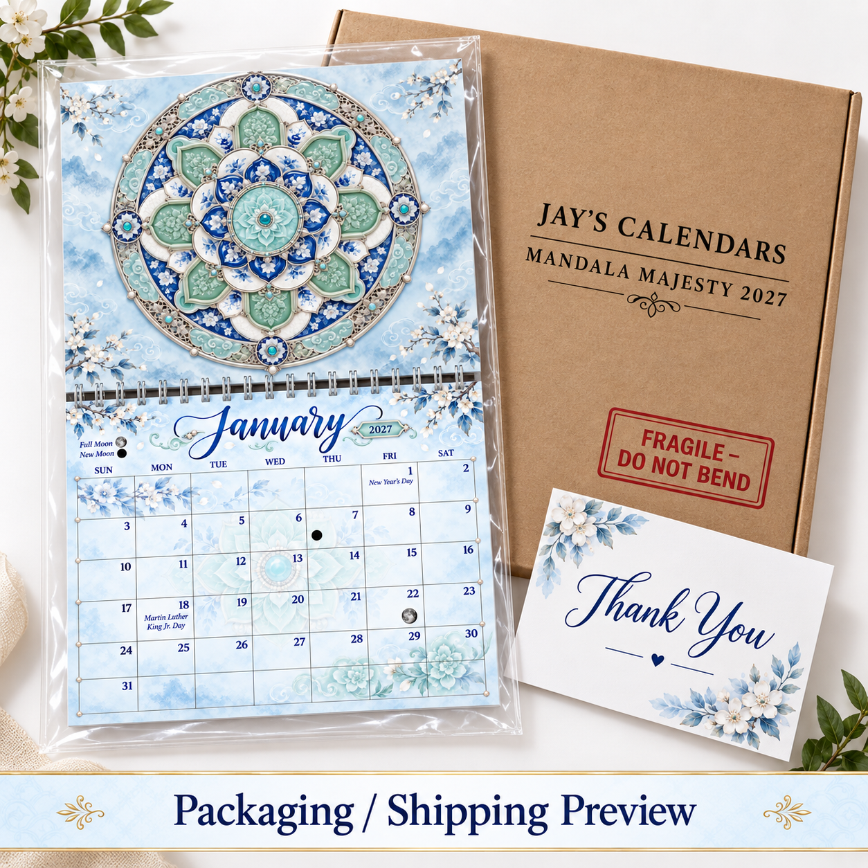 Mandala Majesty 2027 wall calendar packaged in protective sleeve with Jay's Calendars branded box and thank-you card