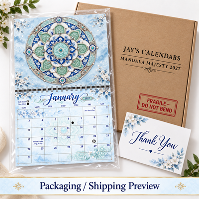 Mandala Majesty 2027 wall calendar packaged in protective sleeve with Jay's Calendars branded box and thank-you card