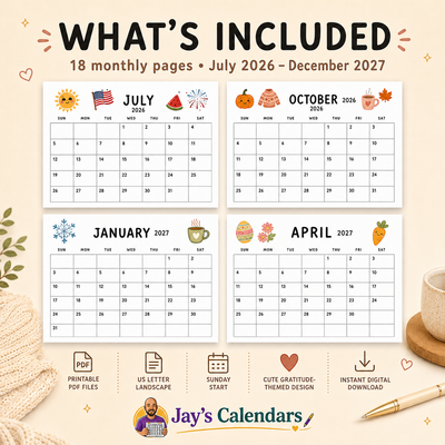 April 2027 printable calendar page flat lay lifestyle shot with coffee mug and flowers - Jays Calendars