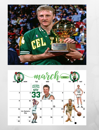 Larry Bird, a legendary figure in basketball history, is an essential feature for any sports-themed calendar business. Known for his incredible shooting, passing, and basketball IQ, Bird led the Boston Celtics to three NBA championships and earned three MVP awards, solidifying his place as one of the greatest players of all time. His rivalry with Magic Johnson and contributions to the game have made him an enduring icon. Including Larry Bird memorabilia and NBA Hall of Fame legends in your calendar