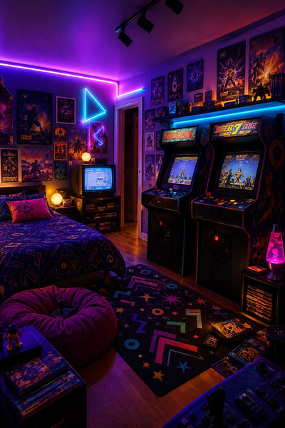 Neon retro arcade bedroom with arcade cabinets and lava lamp - Retro Mall Memories 2027 Wall Calendar