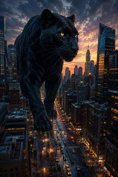 Giant black panther spirit animal over New York City skyline at sunset - Galactic Animal Spirits 2027 Wall Calendar
