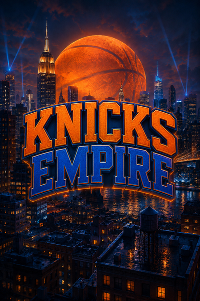 Knicks Empire 2027 calendar poster art — giant basketball over NYC skyline