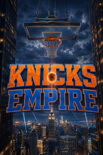 Knicks Empire 2027 calendar poster art — crane lowering basketball hoop over city