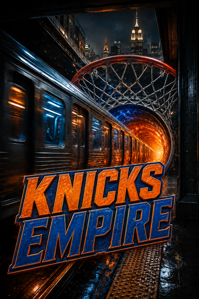 Knicks Empire 2027 calendar poster art — subway tunnel as basketball hoop