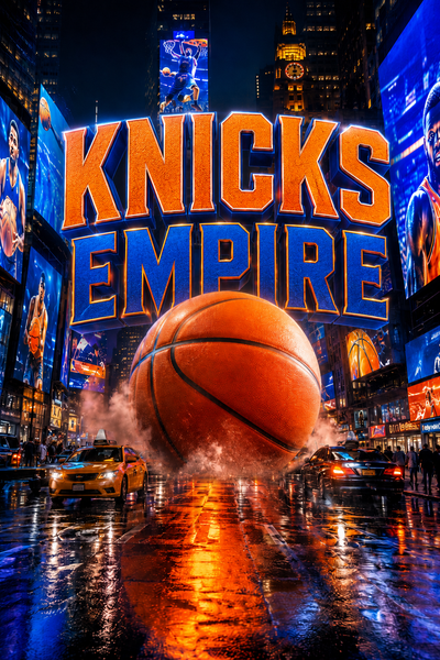 Knicks Empire 2027 calendar poster art — Times Square billboards