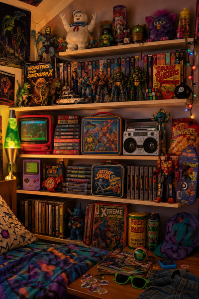 90s collector shelf with retro toys, Game Boy and VHS tapes - 90s Nostalgic Toys 2027 Wall Calendar