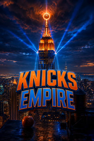 Knicks Empire 2027 calendar poster art — basketball atop Empire State Building